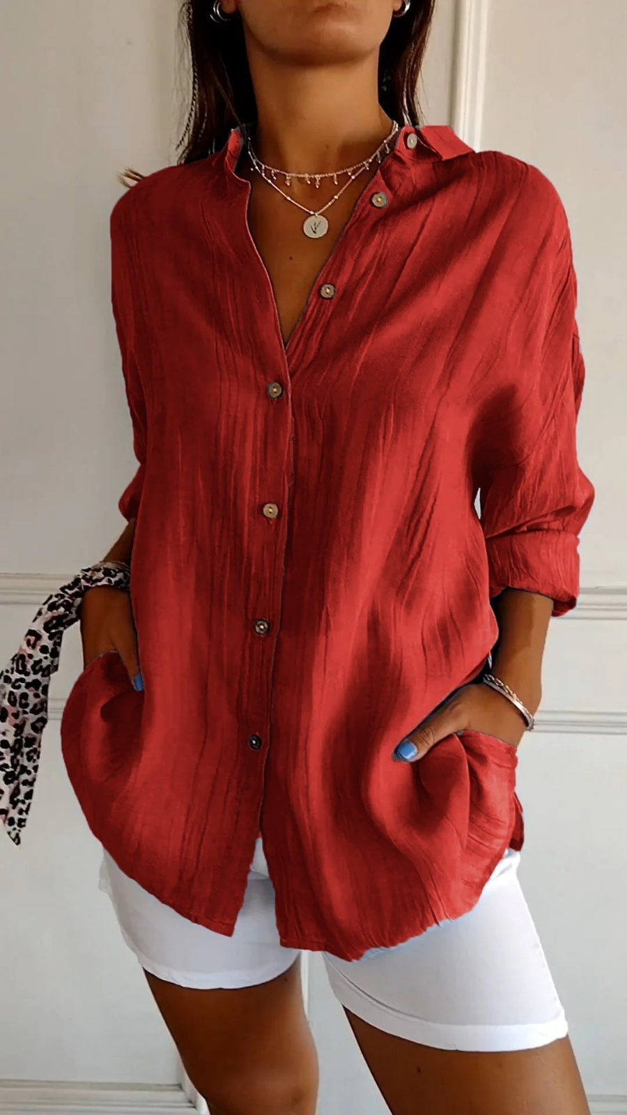 Women’s Oversized Linen Button Down Shirt – Casual Roll-Up Sleeve Blouse
