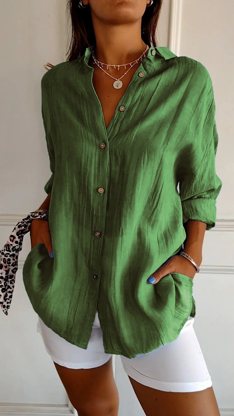 Women’s Oversized Linen Button Down Shirt – Casual Roll-Up Sleeve Blouse
