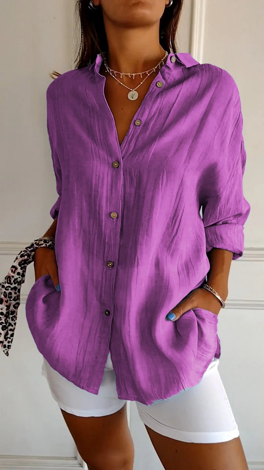 Women’s Oversized Linen Button Down Shirt – Casual Roll-Up Sleeve Blouse