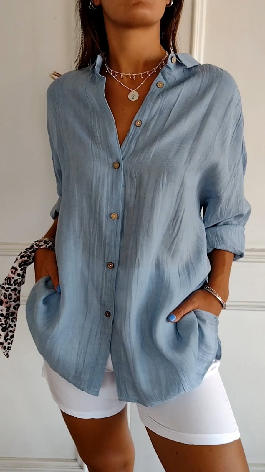 Women’s Oversized Linen Button Down Shirt – Casual Roll-Up Sleeve Blouse