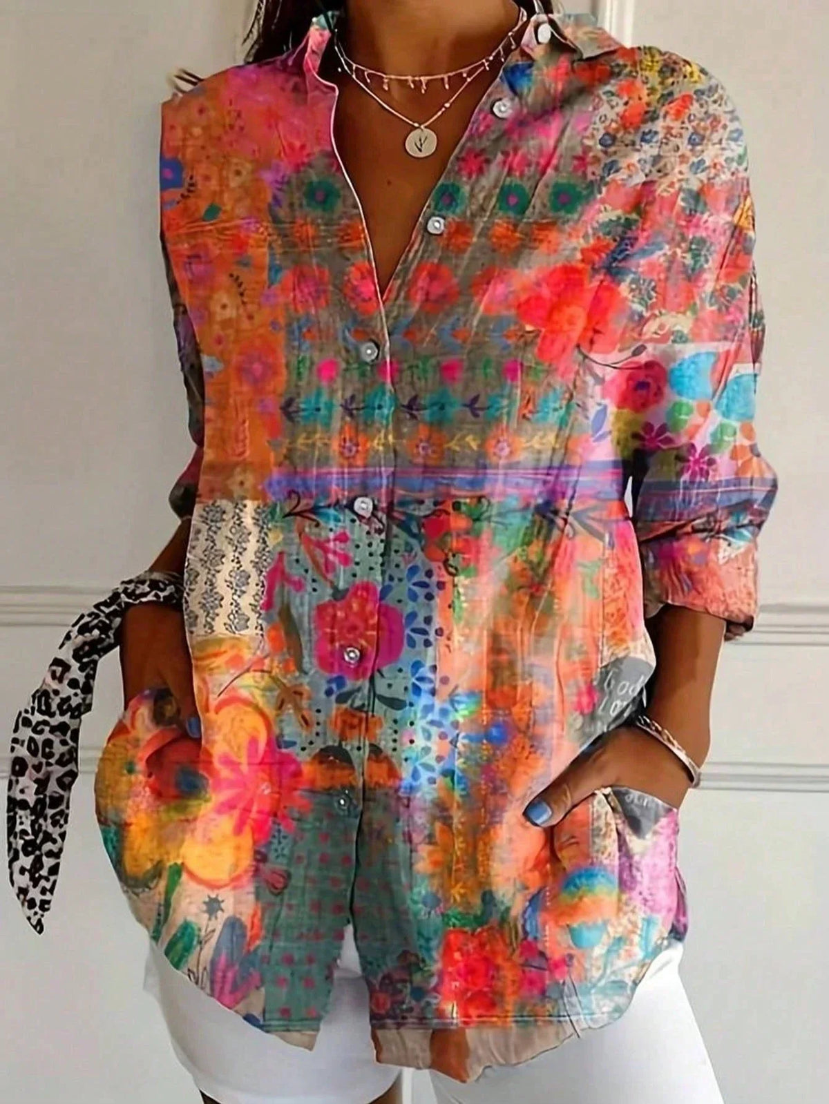 Women's Colourful Print Button-Front Blouse