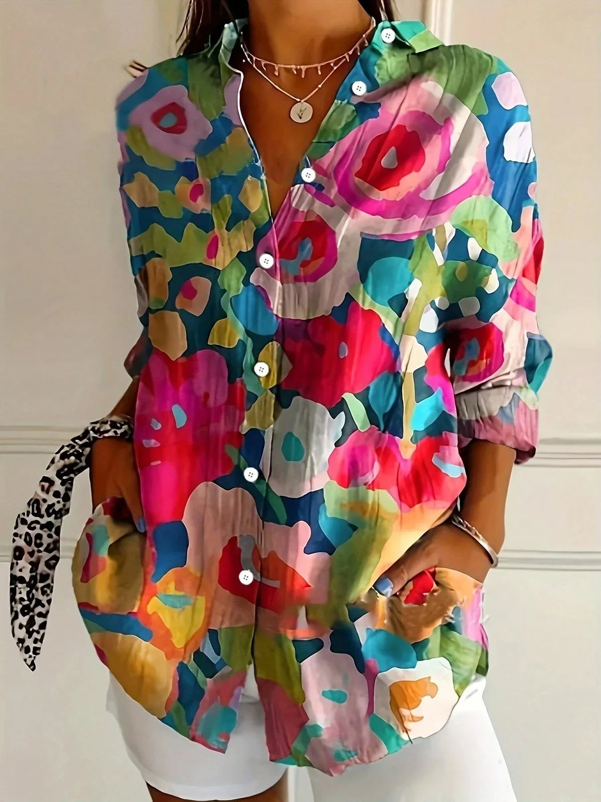 Women's Colourful Print Button-Front Blouse