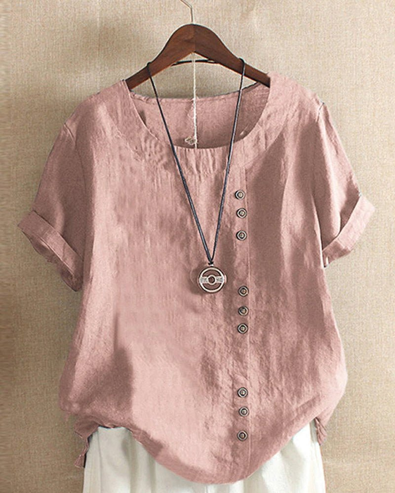 Women’s Linen Tunic Top – Short Sleeve Button Detail Oversized Blouse