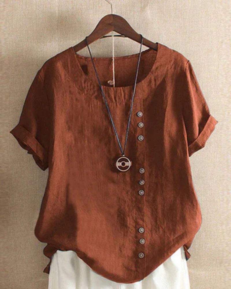 Women’s Linen Tunic Top – Short Sleeve Button Detail Oversized Blouse