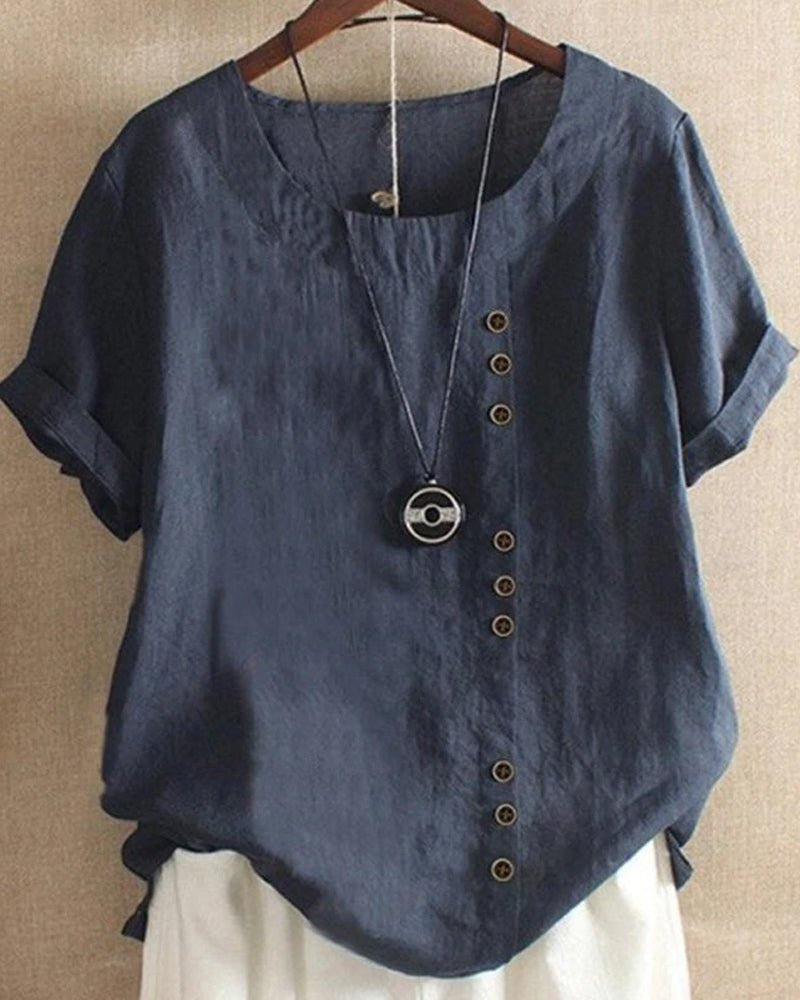 Women’s Linen Tunic Top – Short Sleeve Button Detail Oversized Blouse