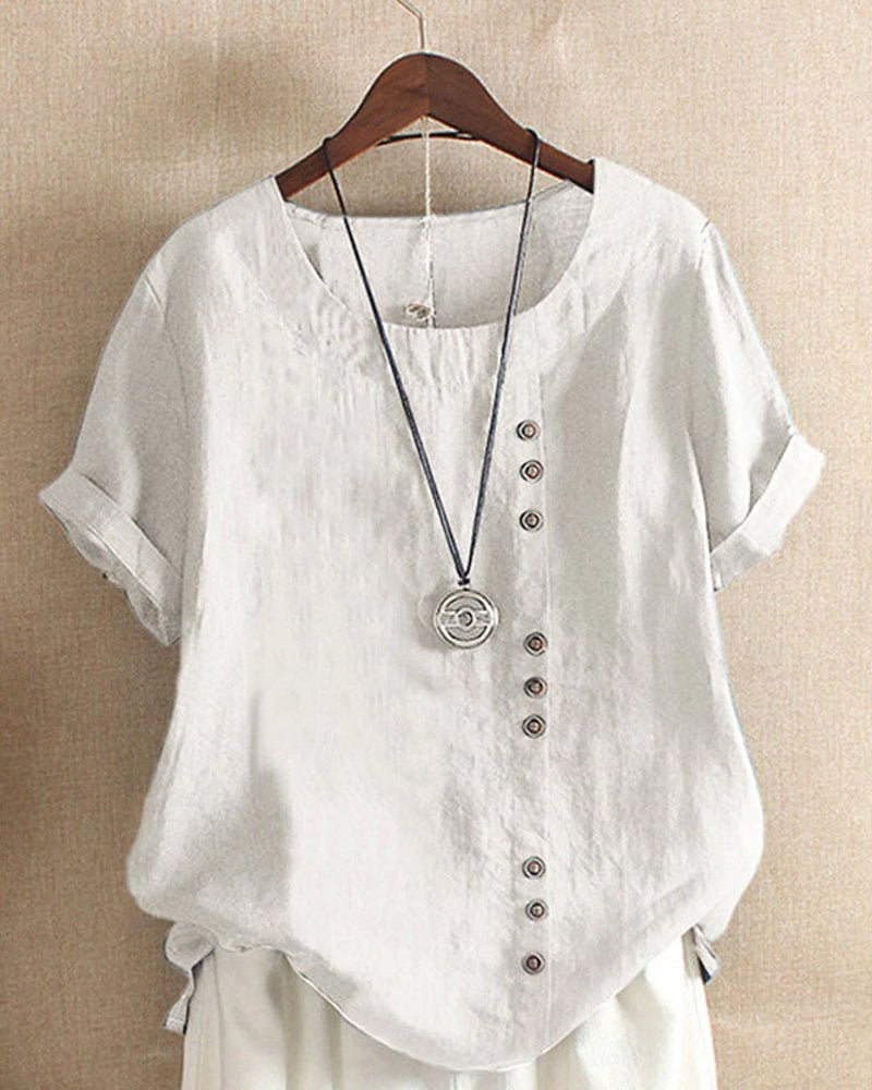 Women’s Linen Tunic Top – Short Sleeve Button Detail Oversized Blouse