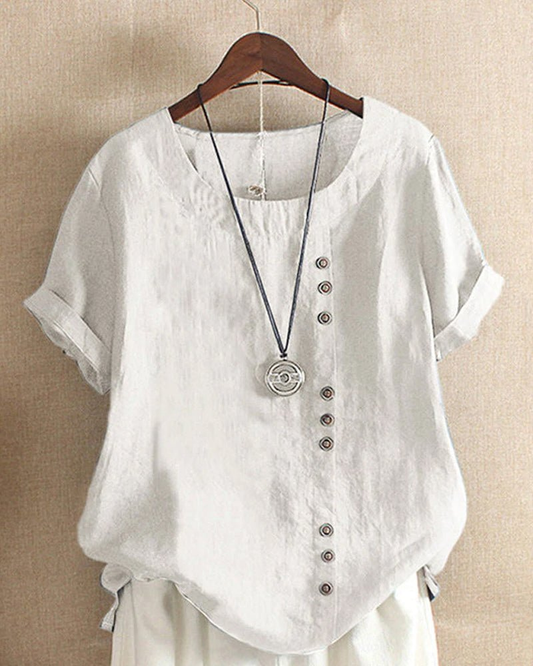 Women’s Linen Tunic Top – Short Sleeve Button Detail Oversized Blouse
