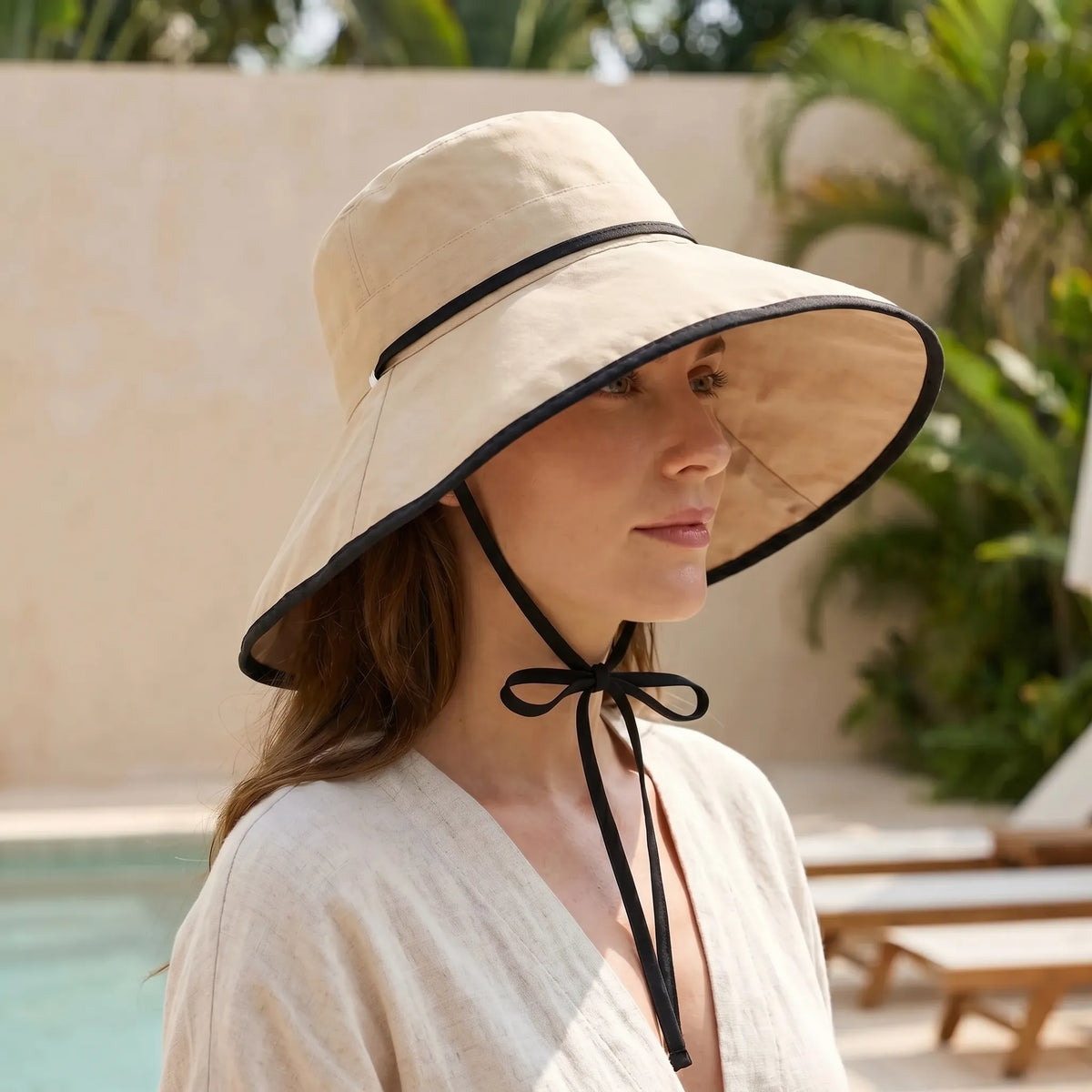 Foldable Wide Brim Sun Hat with Chin Strap