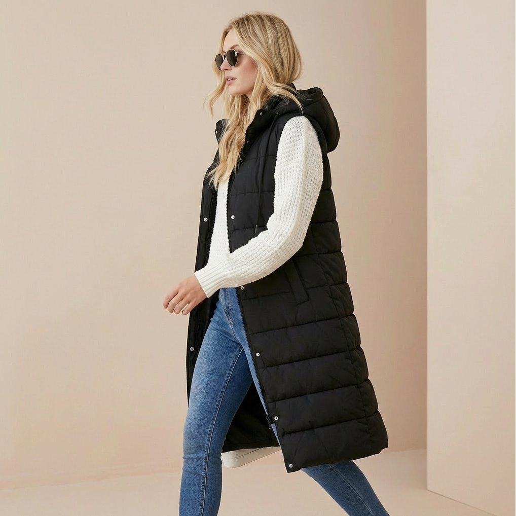 Women's Longline Hooded Puffer Bodywarmer – Insulated Winter Gilet