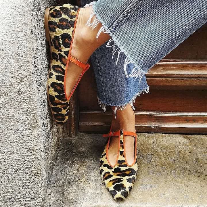 Women's Leopard Print T-Strap Flat Shoes