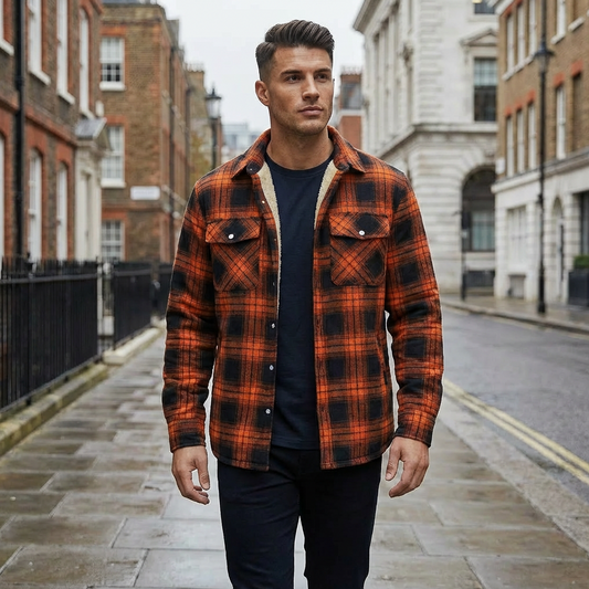Men's Sherpa-Lined Check Shacket – Warm Plaid Fleece Shirt Jacket