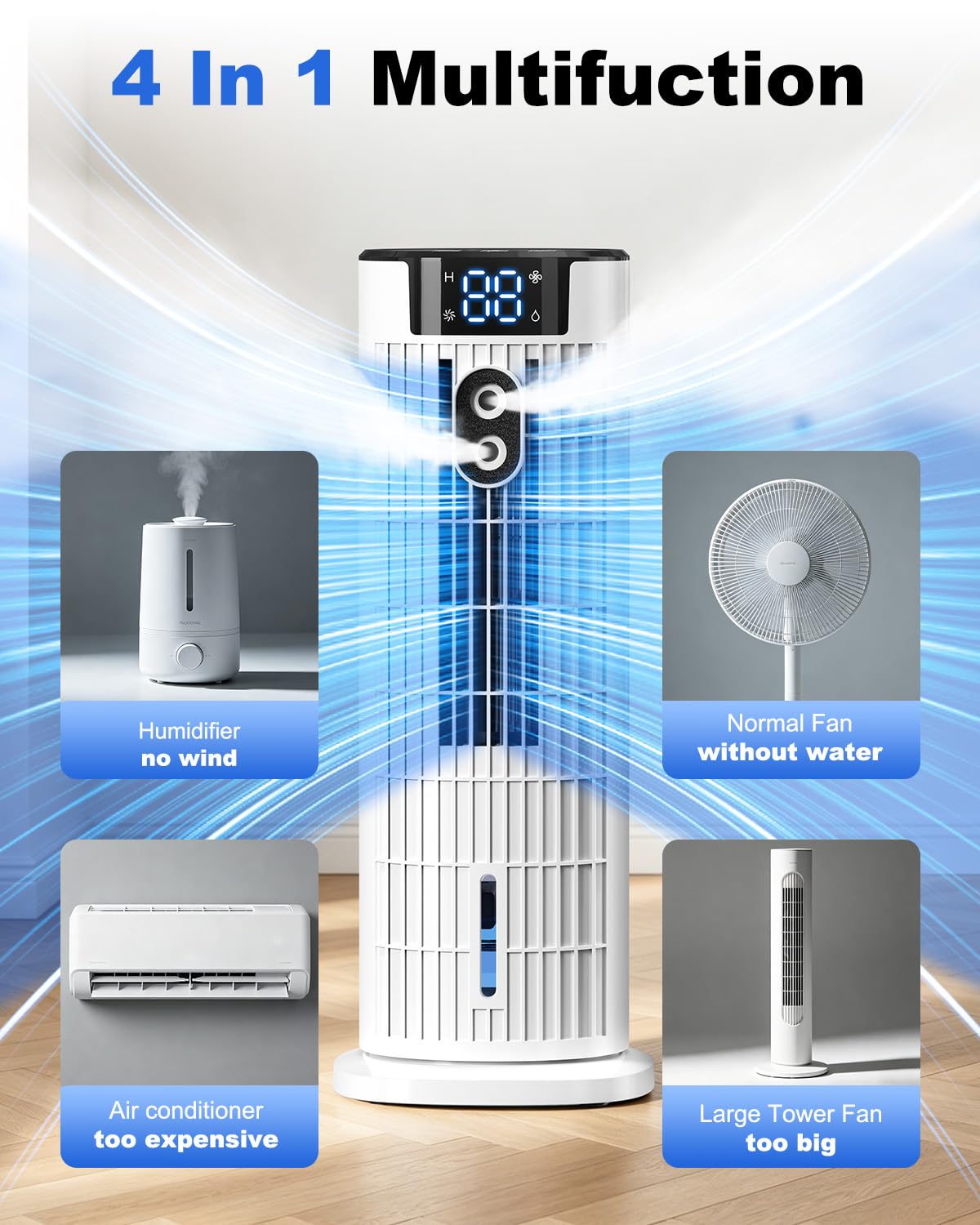 Portable 4-in-1 Evaporative Room Cooler – Silent Air Circulator Humidifier with Remote Control
