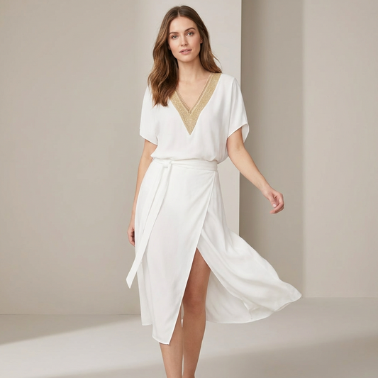 Women’s Sustainable V-Neck Dress – Elegant Eco-Friendly Day Dress