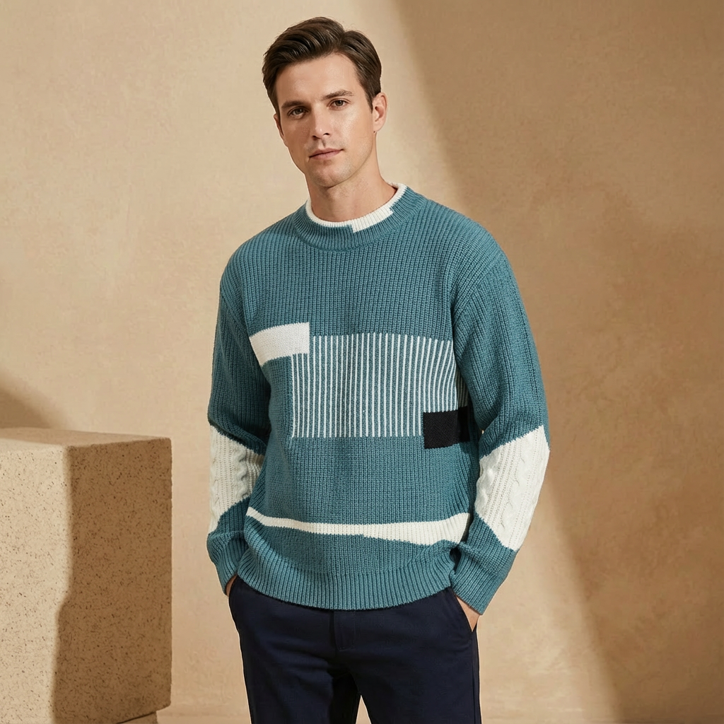 Men’s Patchwork Knit Crew Neck Sweater