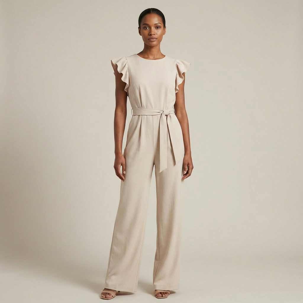 Women’s Elegant Ruffle Sleeve Jumpsuit – Wide-Leg Belted Evening Romper