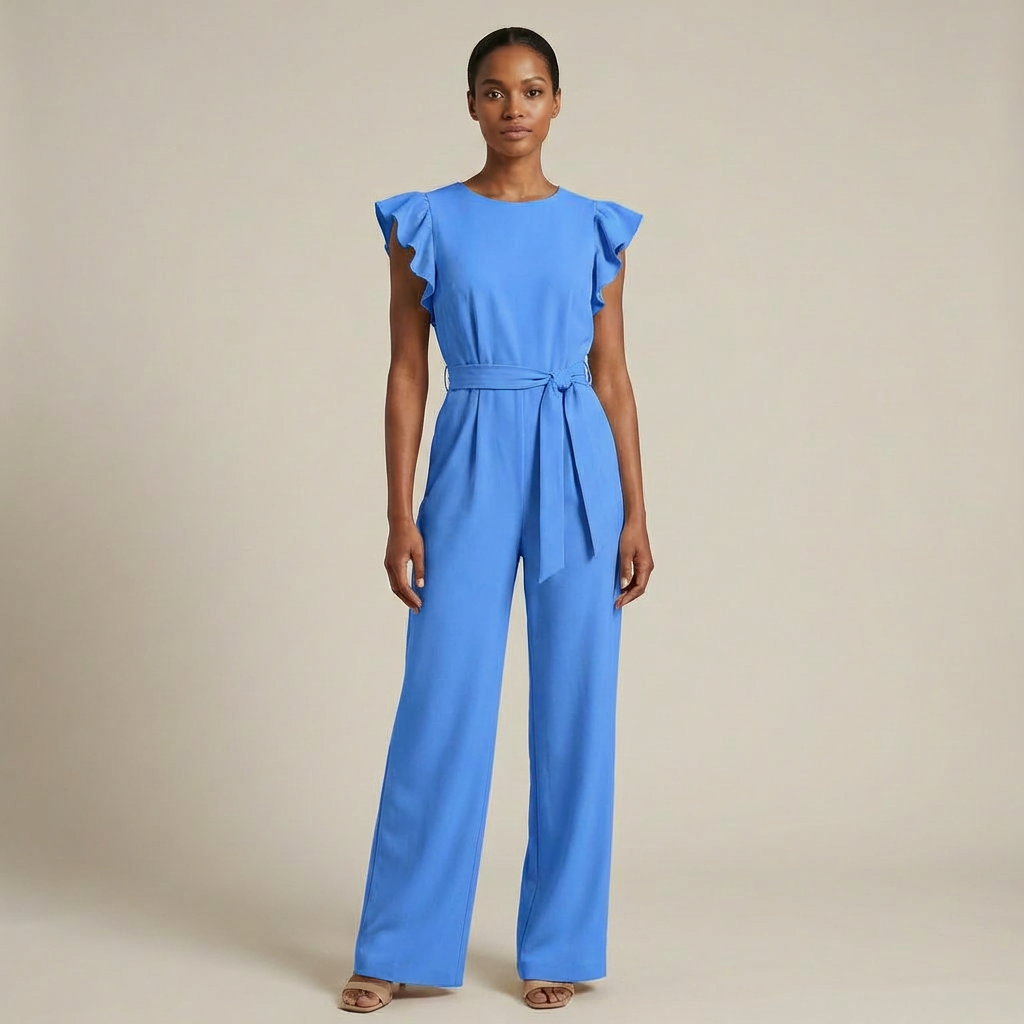 Women’s Elegant Ruffle Sleeve Jumpsuit – Wide-Leg Belted Evening Romper