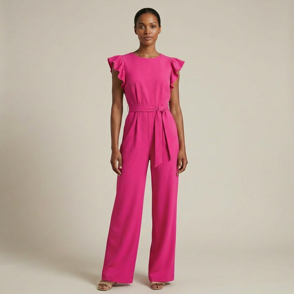 Women’s Elegant Ruffle Sleeve Jumpsuit – Wide-Leg Belted Evening Romper