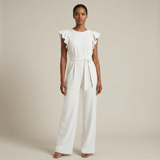 Women’s Elegant Ruffle Sleeve Jumpsuit – Wide-Leg Belted Evening Romper