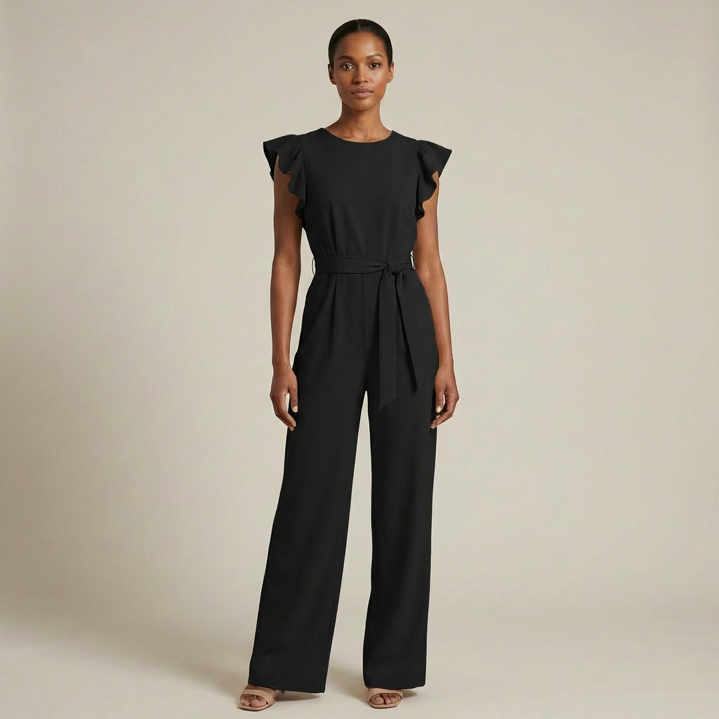 Women’s Elegant Ruffle Sleeve Jumpsuit – Wide-Leg Belted Evening Romper