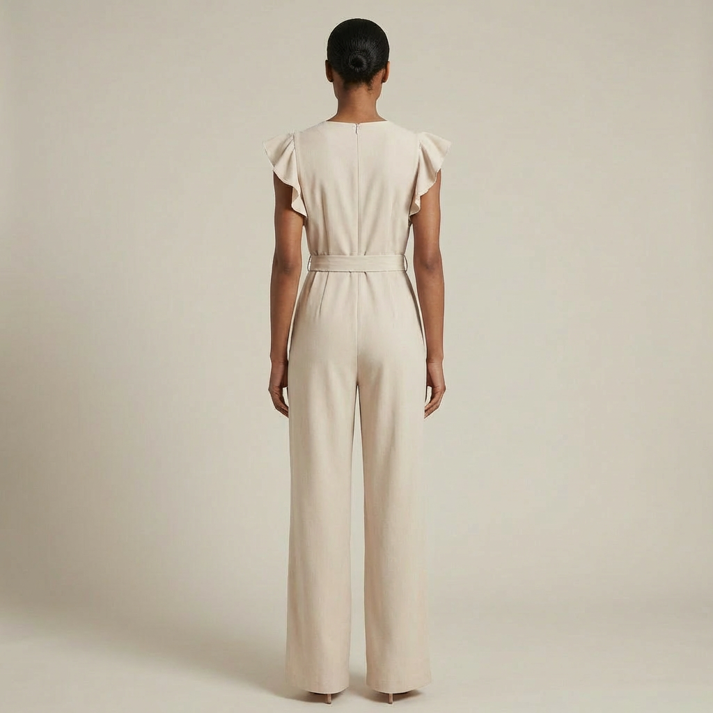 Women’s Elegant Ruffle Sleeve Jumpsuit – Wide-Leg Belted Evening Romper