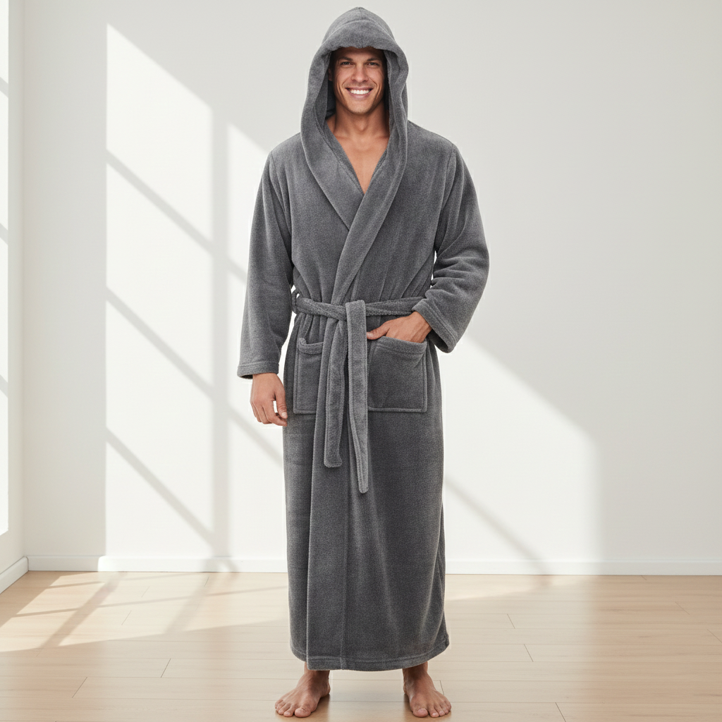 Men’s Hooded Bathrobe – Luxury Soft Plush Loungewear Nightwear Spa Robe