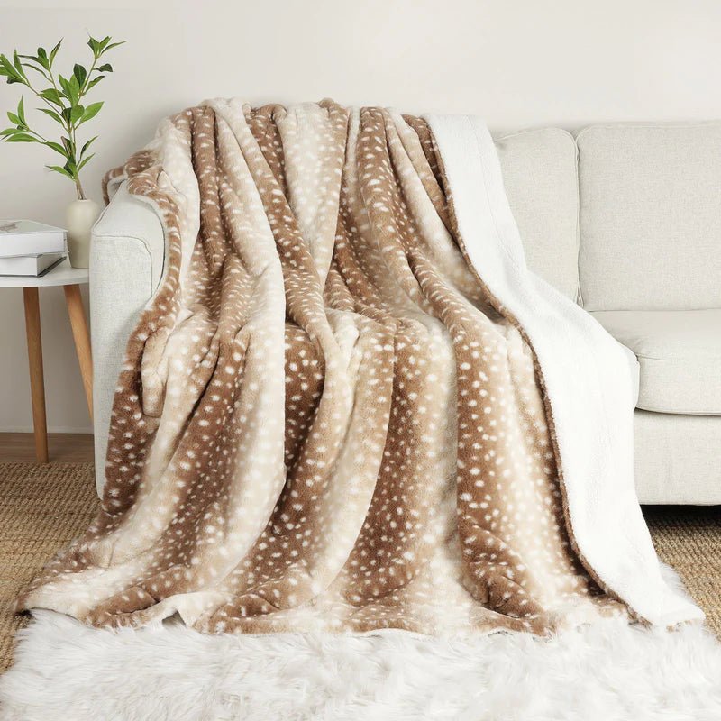 Reversible Faux Fur Deer Print Blanket