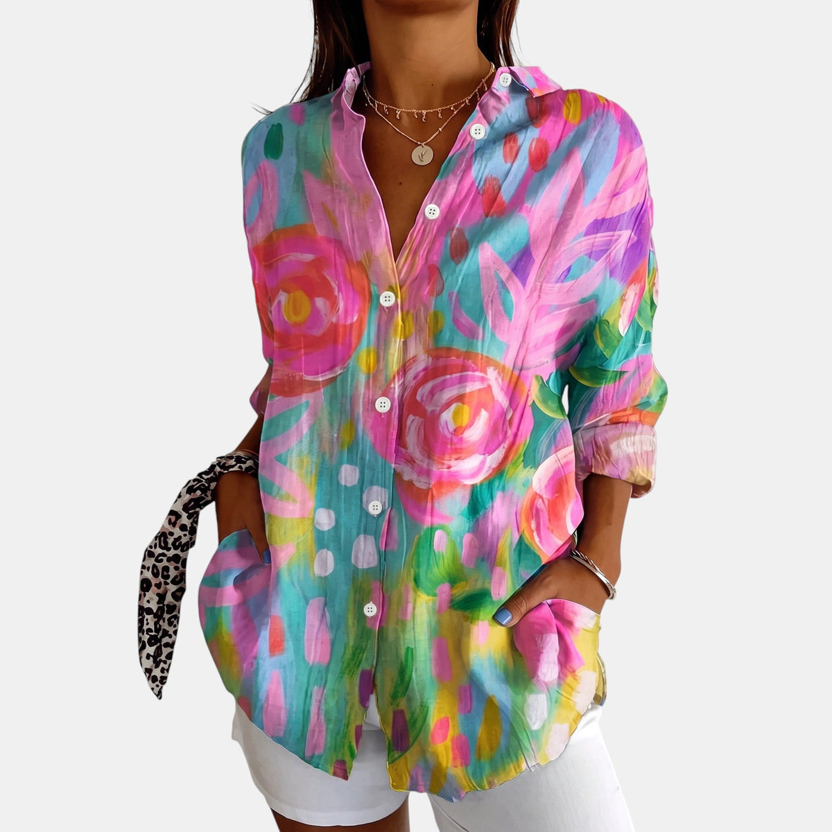Women's Colourful Print Button-Front Blouse